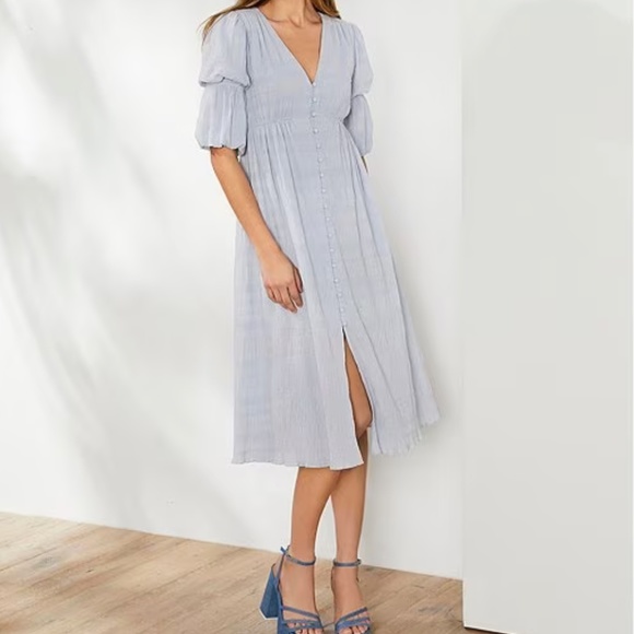 Dusty BlueTextured V-Neck Button Down Dress - Picture 1 of 7